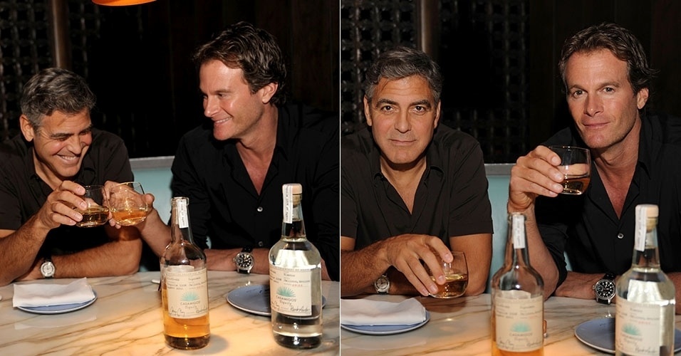 Entre um gole e outro, ator George Clooney se diverte durante lançamento de uma marca de tequila