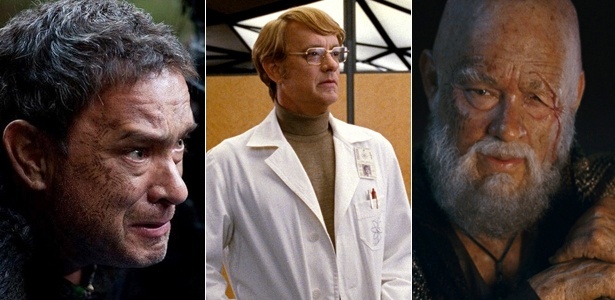 Três dos seis personagens interpretados por Tom Hanks em "A Viagem" - Reprodução