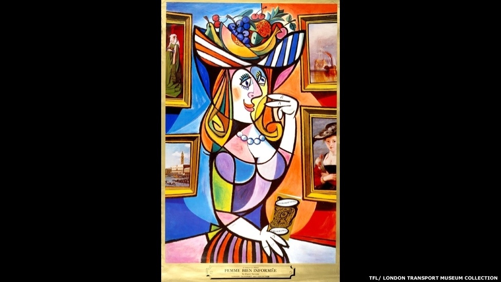 A mostra faz parte das comemorações dos 150 anos do Metrô londrino e vai mostrar cartazes de artistas famosos, além de projetos que representam cada década dos últimos cem anos. Acima, o cartaz "Femme Bien Informee", de Harry Stevens, 1972 - © TfL, coleção do Museu de Transportes de Londres