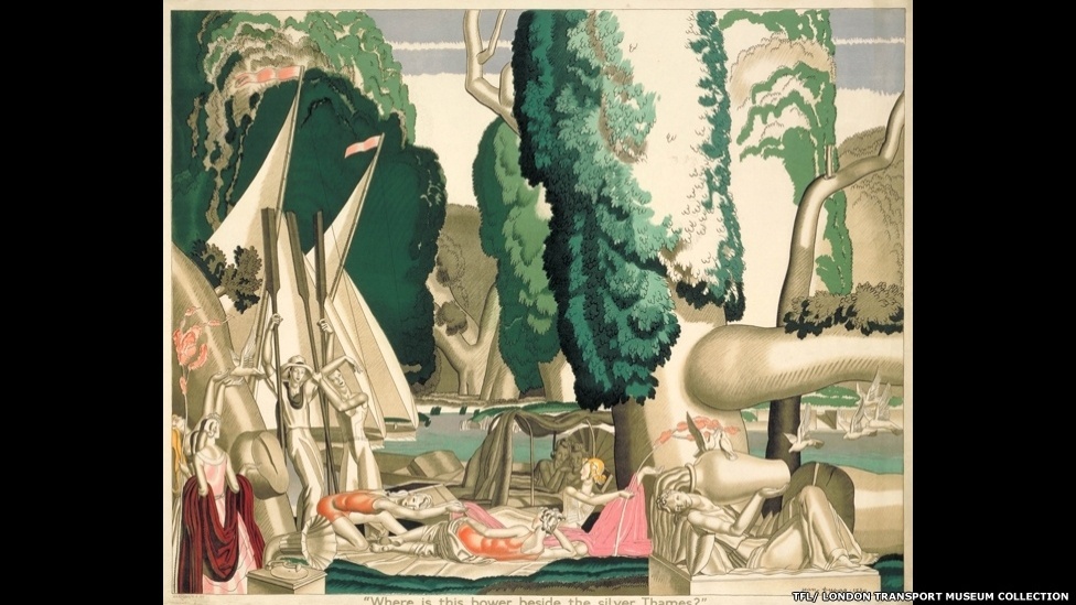 A mostra se concentra em seis temas: 'Encontrando seu Caminho', 'Londres mais Brilhante', 'Capital da Cultura', 'Longe de Tudo', 'Mantém Londres Andando' e 'Ame sua Cidade'. Acima, um cartaz ainda mais antigo, de 1930, de Jean Dupas - © TfL, coleção do Museu de Transportes de Londres