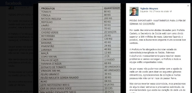 Na lista, postada no perfil do Facebook do diretor do hospital, estão frutas, verduras, leite, chá, macarrão, além de material de limpeza e utensílios descartáveis - Reprodução/Facebook