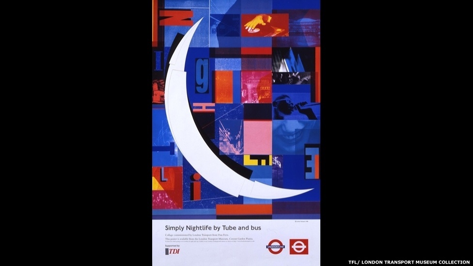 O tema "Londres mais Brilhante" celebra os passeios à noite e eventos esportivos. Acima, o cartaz de Dan Fern, de 1998 - © TfL, coleção do Museu de Transportes de Londres