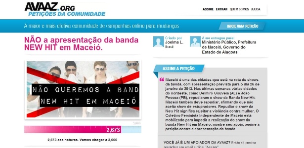 Reprodução na página na internet em que uma petição pede o cancelamento de um show da banda New Hit em Maceió - Reprodução