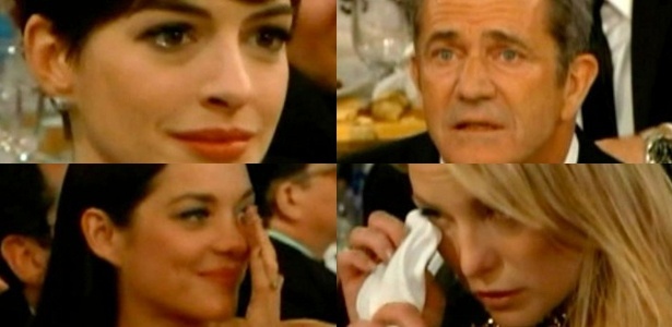 Reações de Anne Hathaway, Mel Gibson, Marion Cottilard e Katie Hudson - Reprodução/NBC/Fotomontagem