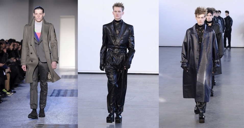 16.jan.2013 - A Alibellus apresentou sua coleção na semana de moda masculina de Paris com looks em tonalidades escuras e neutras pontuados por cores fortes. O couro foi o material mais aproveitado pela marca e os casacos compridos e pesados foram os destaques da coleção - EFE