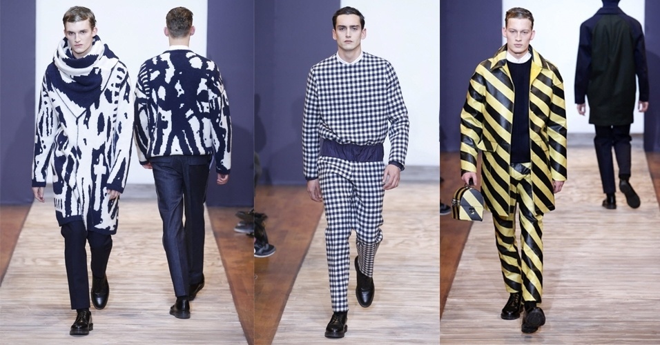 16.jan.2013 - A coleção da Christian Lacroix Homme foi tomada pelas estampas gráficas em azul marinho, branco e amarelo, propondo a tendência "navy" para o próximo inverno - EFE