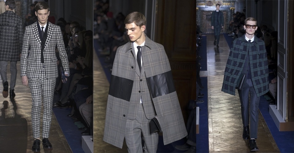 16.jan.2013 -  A Valentino apresentou looks formais com xadrezes, capas e cores sóbrias em ternos e smokings ajustados ao corpo - AP