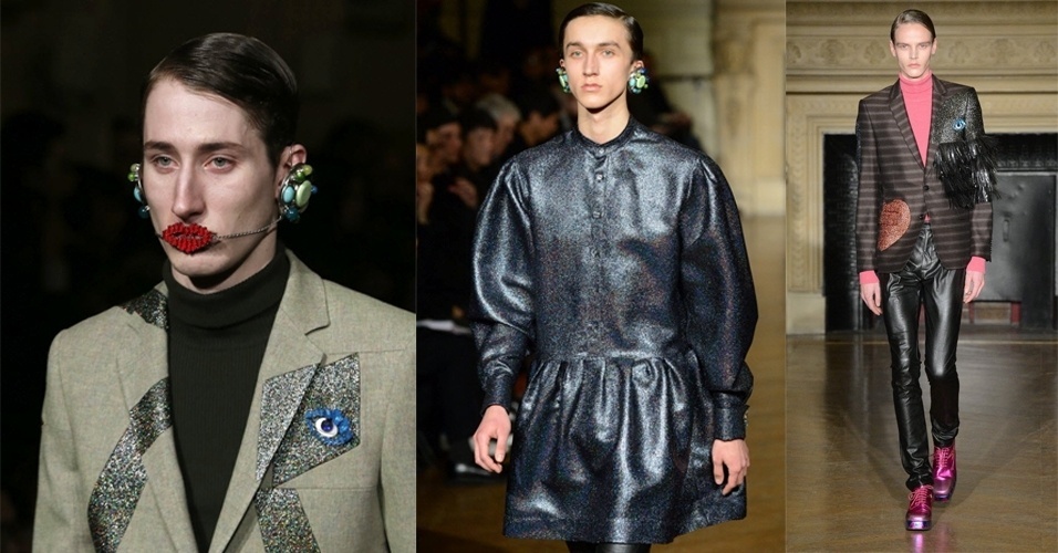 16.jan.2013 - A Walter Van Beirendonck brincou com o universo das mulheres em seu desfile na semana de moda de Paris e apresentou modelos usando brincos e roupas afeminadas. A marca apresentou uma coleção conceitual, que dificilmente será usada nas ruas - AFP e EFE