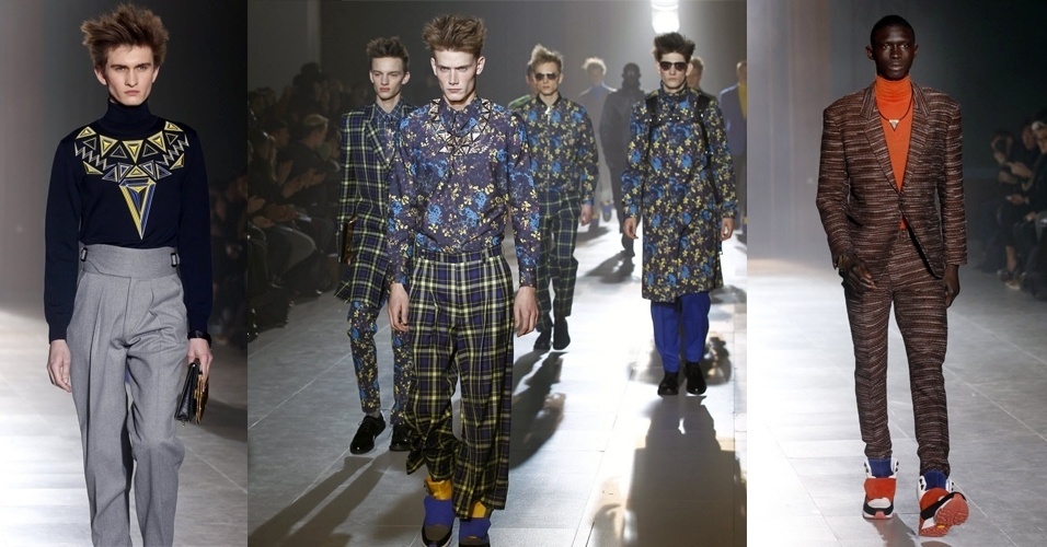 16.jan.2013 - As calças altas - bastante vistas na semana de moda de Milão - também apareceram na passarela da John Lawrence Sullivan, em um desfile colorido e repleto de estampas - AFP e AP