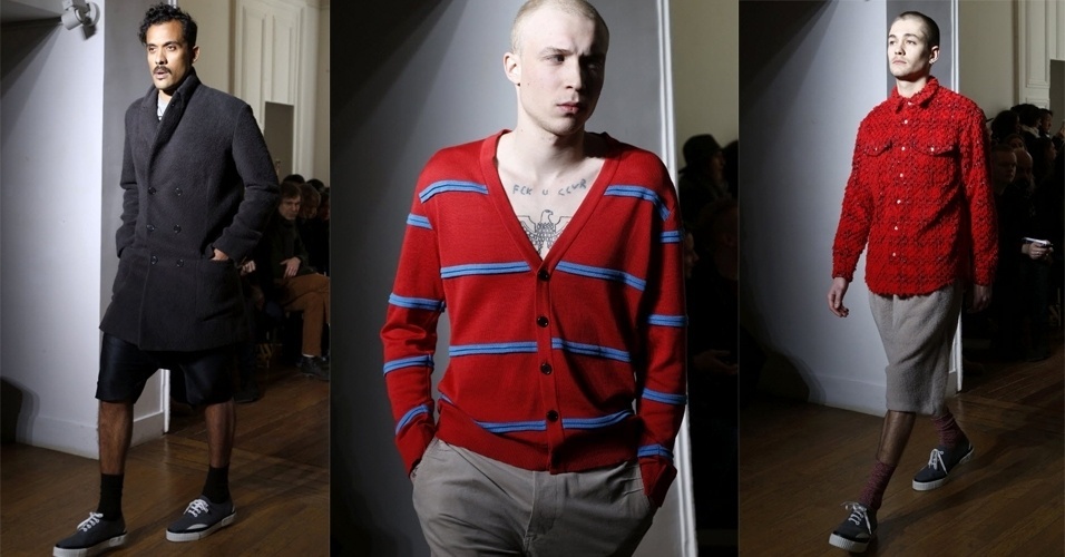 16.jan.2013 - O estilista Julien David criou looks casuais com camisas de manga longa, cardigãs e casacos foram combinados com bermuda e tênis. Modelos não profissionais desfilaram a coleção - AFP