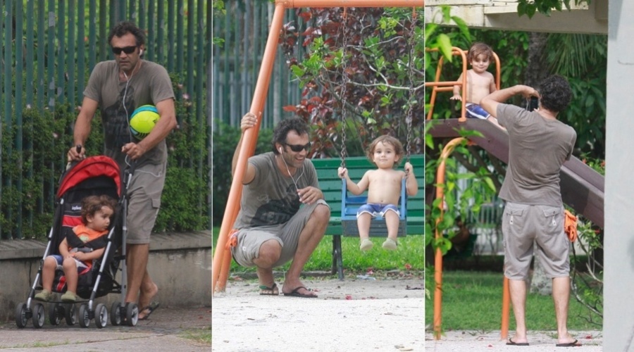 17.jan.2013 - Domingos Montagner brincou com o filho em um parque localizado na Barra da Tijuca, zona oeste do Rio. O ator interpreta Zyah em "Salve Jorge"