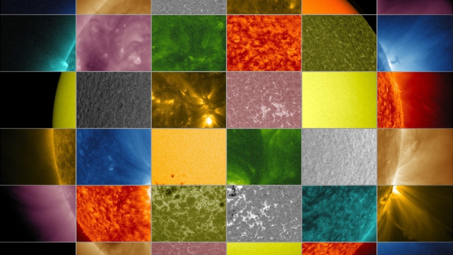 A Nasa divulgou um mosaico de imagens do Sol para ilustrar como são feitas as observações em diferentes comprimentos de onda do astro - Nasa/SDO/Goddard Space Flight Center