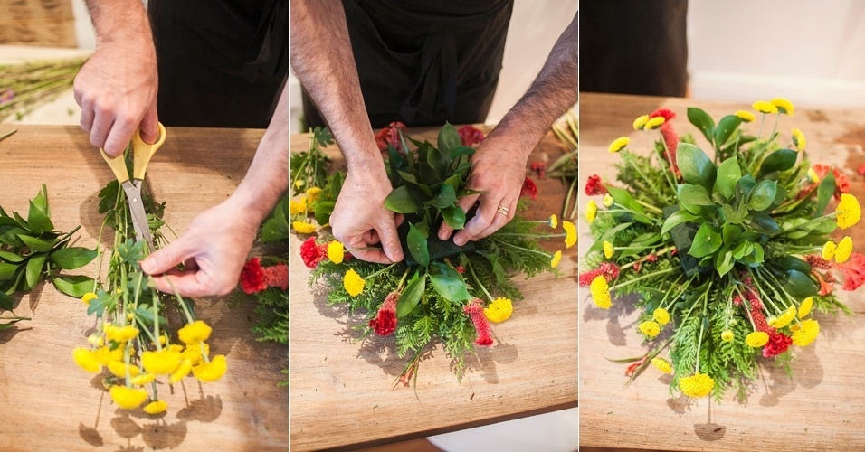 Corte os cabos das flores pinóquio mais ou menos com a mesma altura dos galhos de ruscus. Uma boa dica é fincar os talos até bem próximos do núcleo da espuma floral para melhor absorção de água. Disponha as pinóquio em redor da espuma, ainda na altura, de modo a dar volume e desenho ao arranho. Esta flor, segundo o florista, tem a função de levar luz à composição - Leonardo Soares de Souza/ UOL