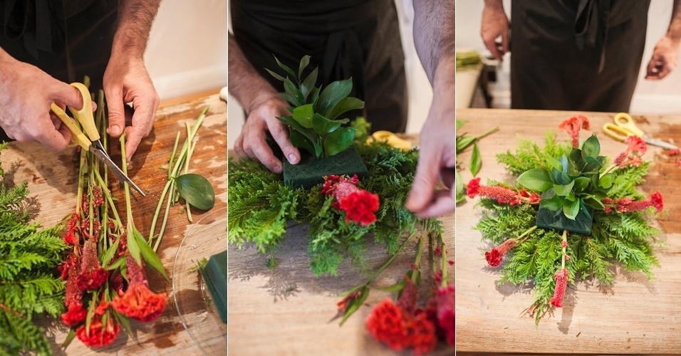 Talhe os talos das cristas-de-galo para que estes fiquem apenas um pouco maiores que a altura das folhas de tuia. Antes de encaixá-los na espuma, retire as folhas, que são delicadas e morrem logo. Distribua as flores ao redor da espuma floral pontualmente, de modo que elas se apoiem na tuia. A crista-de-galo é o elemento mais frágil deste arranjo, portanto, vai funcionar como o termômetro que indica o enfraquecimento das plantas - Leonardo Soares de Souza/ UOL