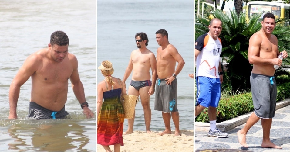 26.01.2013 -  Ronaldo toma banho de mar após correr na orla do Leblon com seu personal trainer