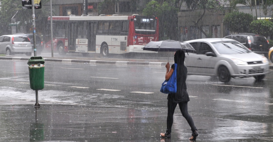 26.jan.2013 - Chuva forte atrapalha pedestres na avenida Paulista, em São Paulo, na manhã deste sábado (26)