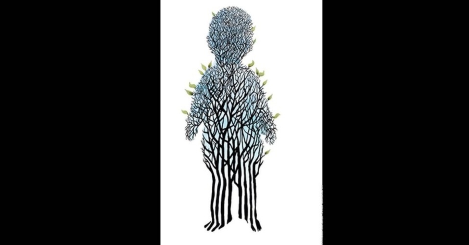 As listras dos uniformes dos prisioneiros parecem grades de uma cela de prisão. A artista Carmen Rosa Lopez as imaginou como galhos de árvores, com folhas. 'Se você olhar cuidadosamente, (verá que) o horror do campo não destrói a vida', disse a artista - Cortesia/Fabrica