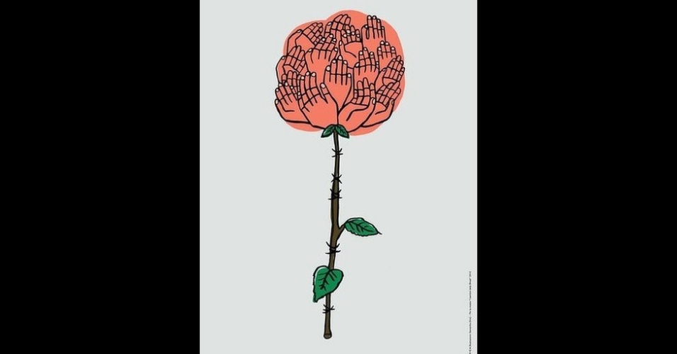 Esta imagem é outra referência a flores e às mãos das crianças do campo de concentração, formando um abraço. 'Quando as flores abrirem, os pequenos não estarão lá para admirá-las', disse a autora da obra, Samantha Zino - Cortesia/Fabrica