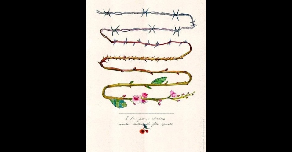 Na semana que marca o dia internacional em memória às vítimas do Holocausto, jovens artistas ilustram poemas escritos por crianças do campo de concentração de Theresienstadt, na República Tcheca. Acima, a obra de Irina Gliudza mostra o arame farpado se transformando em rosas e a frase 'flores podem crescer mesmo atrás de arame farpado' - Cortesia/Fabrica