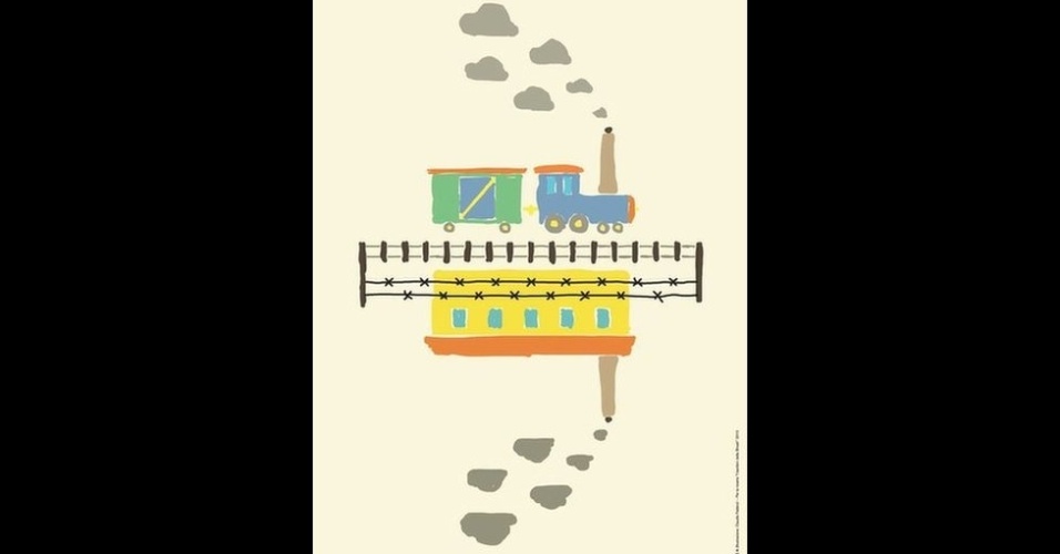 Nesta obra de Claudio Fabbro um trem colorido corre em direção à liberdade. Na parte de baixo e como um reflexo muito semelhante ao trem, uma das instalações de um campo de concentração, com fumaça saindo pela chaminé - Cortesia/Fabrica
