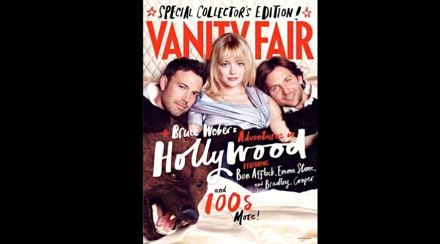 30.jan.2013 - A atriz Emma Stone apareceu dividindo cama com os atores Ben Affleck e Bradley Cooper na capa da revista "Vanity Fair".