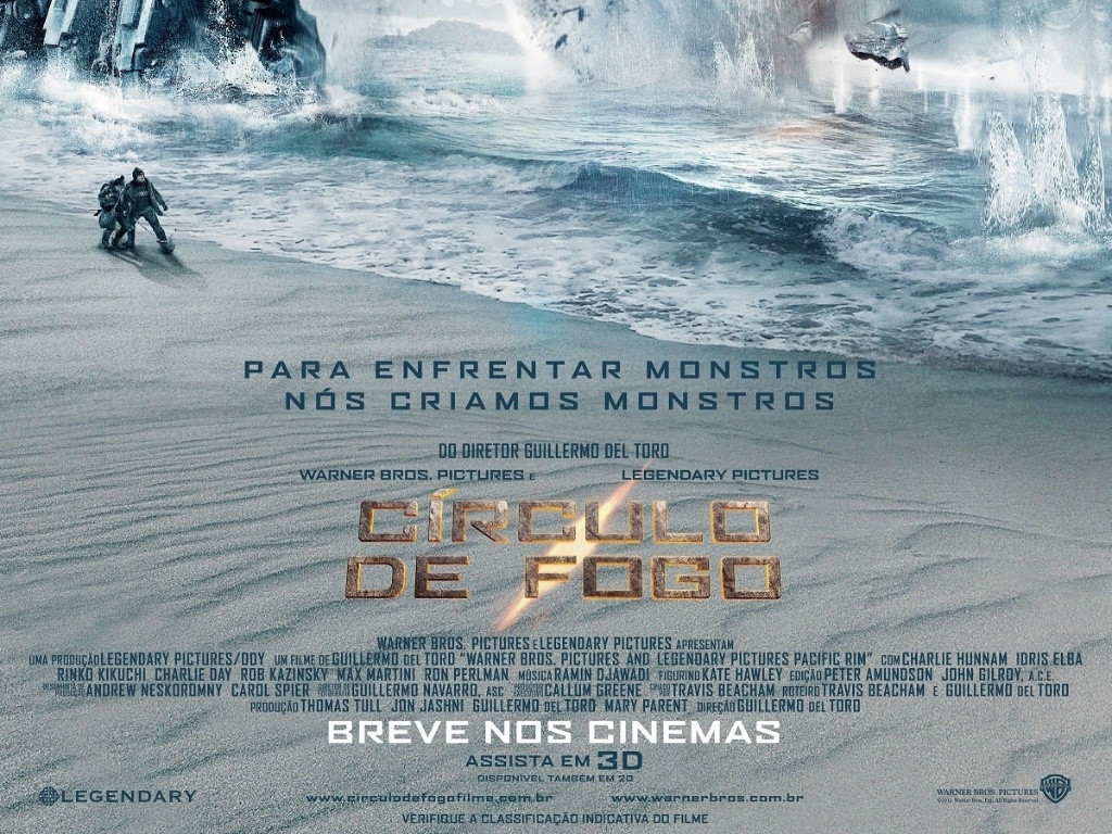 Pôster oficial de "Círculo de Fogo", longa de ficção científica dirigido por Guillermo del Toro com estreia prevista para 9 de agosto, que mostra um robô Jaeger ajoelhado na praia; na trama, os Jaeger combatem criaturas monstruosas chamadas Kaiju. - Divulgação