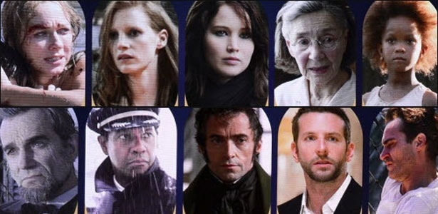 Já pensou em Daniel Day-Lewis (embaixo, à esq), de "Lincoln", concorrendo ao Oscar de melhor ator com Jessica Chastain (em cima, segunda da esq para a dir.), de "Na Hora Mais Escura"  - Montagem/Reuters