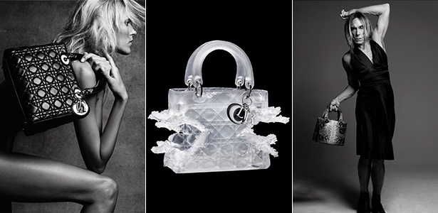 Fotos de Anja Rubik e Iggy Pop e escultura feita com a bolsa Lady Dior em fotos que integram a exposição "Lady Dior As Seen By" - Divulgação