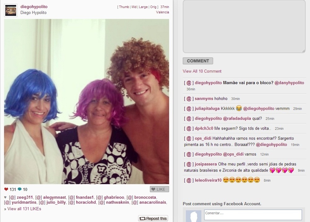11.fev.2013- Diego e Daniele Hypólito postam foto de peruca ao lado da mãe e brincam: 