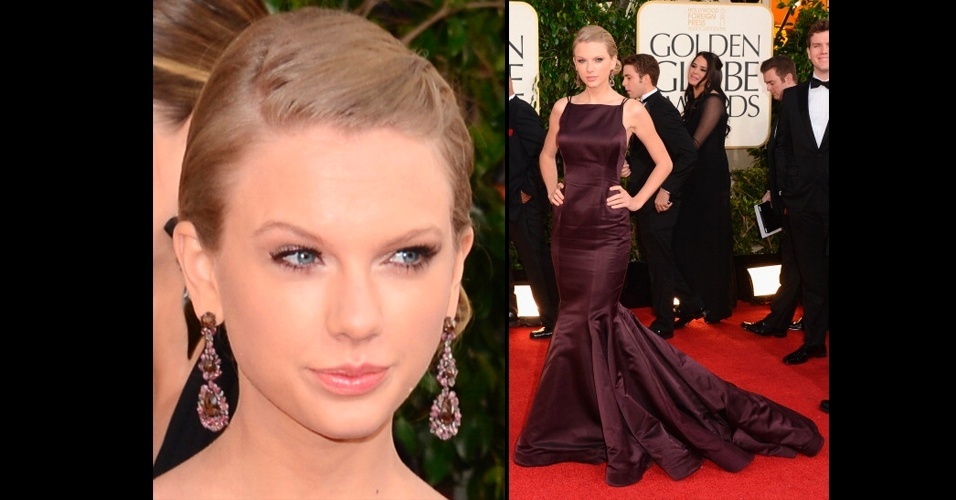 As pedras do brinco da cantora Taylor Swift no Globo de Ouro combinavam com o vestido. Repare que o penteado da atriz ajudou a destacar o acessório, que foi o foco do look - Agnews