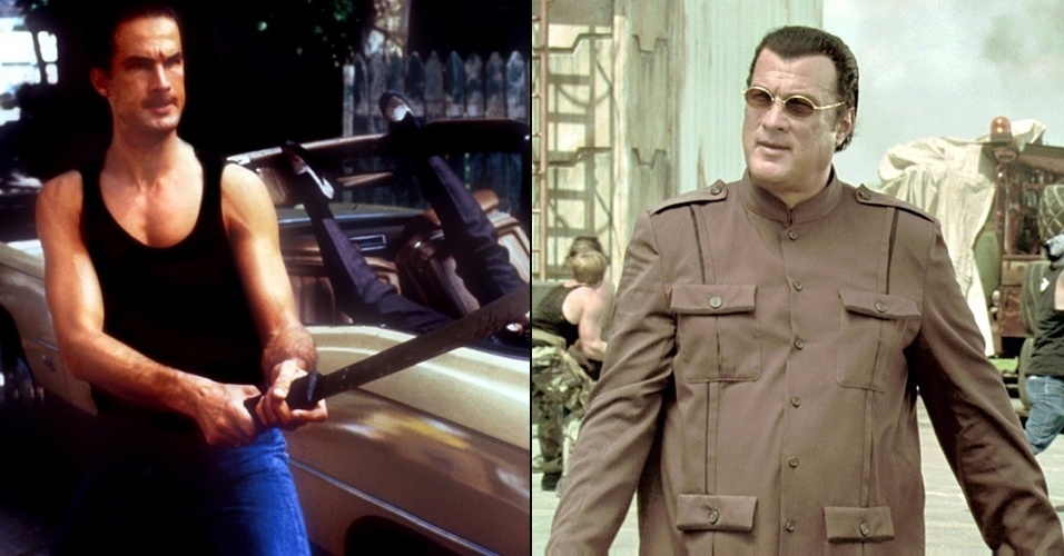 O astro de filmes de luta Steven Segal também não escapou de engordar com a idade, como podemos ver nos filmes "Nico - Acima da Lei" (1988) e "Machete" (2010) - Reprodução