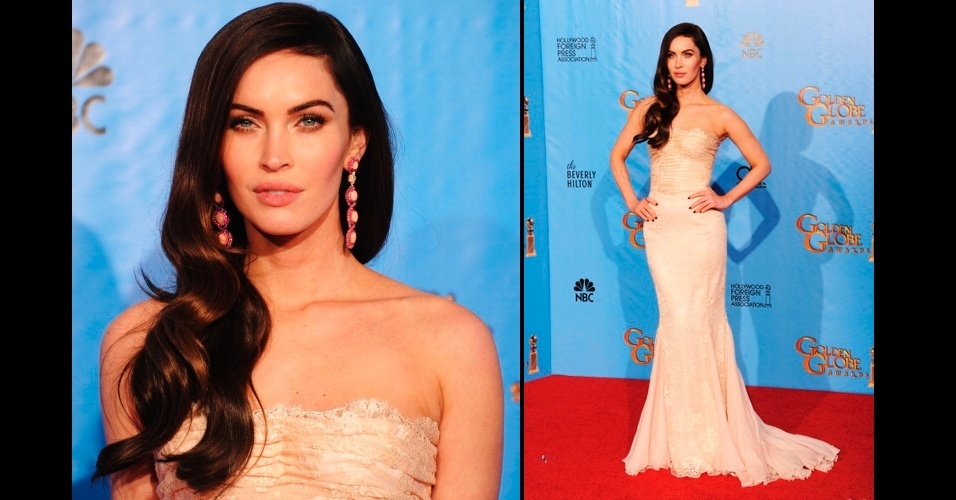 Para ir ao Globo de Ouro, Megan Fox combinou o tom do vestido com os brincos, criando um look romântico e delicado, que foi complementado com a maquiagem suave e cabelo solto ondulado - Agnews