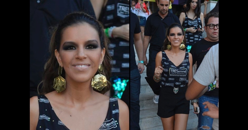 Para levantar o look com abadá, Mariana Rios apostou em acessórios chamativos, como o brincão dourado, que foi combinado - de maneira descombinada - com o cinto e pulseiras brilhantes, misturando metais, formas e brilhos. O cabelo para trás chama a atenção para os brincos - Agnews