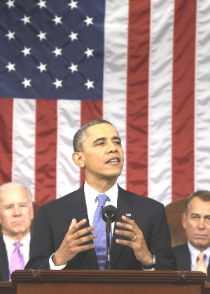 O presidente americano, Barack Obama, fala no Congresso, em Washington, onde fez o discurso do Estado da União