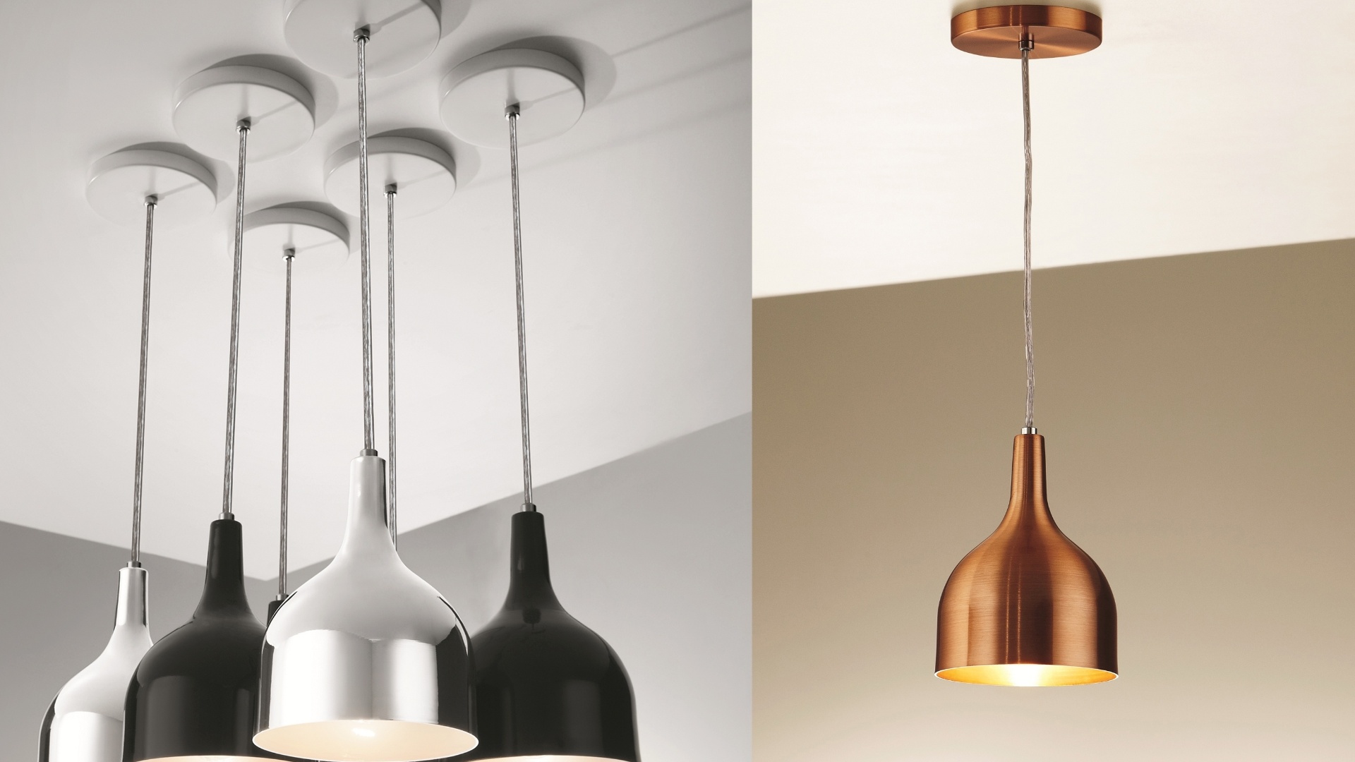 O pendente A-03-0618 tem modelos feitos de cobre (à dir.) e fabricados em alumínio, nas cores preto e prata (à esq.). O diâmetro da cúpula mede 15 cm. Cada peça custa R$ 171,12 na ViaLight (www.vialight.com.br) I Preços pesquisados em janeiro de 2013 e sujeitos a alterações - Divulgação