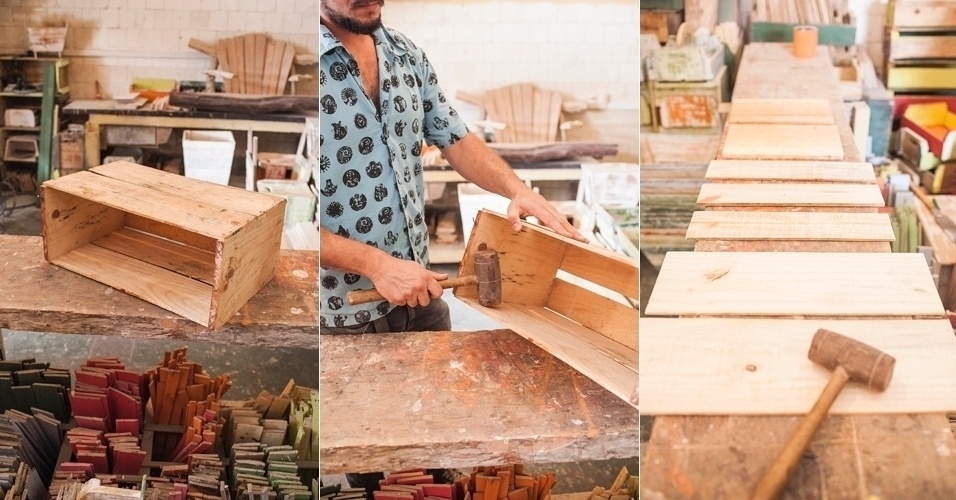 Desmontando o caixote com o martelo mais pesado, você obterá as partes necessárias para estruturar o seu cachepô-revisteiro. O designer alerta para que a peça escolhida esteja em bom estado. Caso um caixote não ofereça todos os elementos necessários, desmonte um segundo, descartando as sobras - Leonardo Soares de Souza/UOL