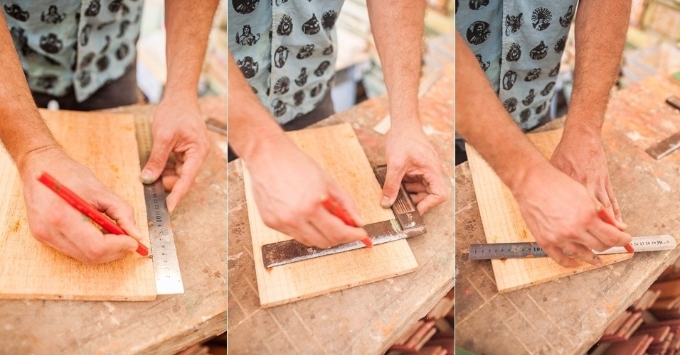 Pegue o retângulo extraído da lateral (largura) do caixote para iniciar o seu cachepô-revisteiro. A partir de uma das extremidades, marque a distância de cinco centímetros no maior lado do retângulo. Em seguida, trace uma linha com o esquadro ou a régua. Agora desenhe uma diagonal entre um dos ângulos externos do retângulo traçado e o formado pela linha recém-desenhada. Repita o processo na lateral oposta - Leonardo Soares de Souza/UOL