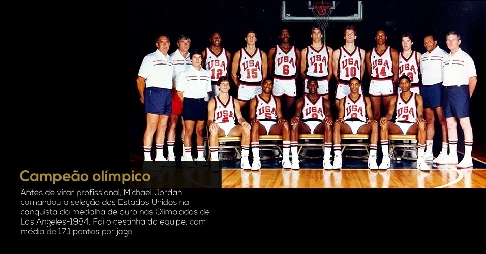 Antes de virar profissional, Michael Jordan comandou a seleção dos Estados Unidos na conquista da medalha de ouro nas Olimpíadas de Los Angeles-1984. Foi o cestinha da equipe, com média de 17,1 pontos por jogo - Getty Images