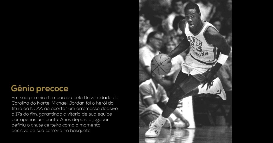 Em sua primeira temporada pela Universidade da Carolina do Norte, Michael Jordan foi o herói do título da NCAA ao acertar um arremesso decisivo a 17s do fim, garantindo a vitória de sua equipe por apenas um ponto. Anos depois, o jogador definiu o chute certeiro como o momento decisivo de sua carreira no basquete - AP Photo/Robert Willett