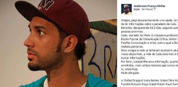 O cineasta Cadu Barcellos, 26, que ficou desaparecido entre sexta-feira e sábado - Reprodução/Facebook