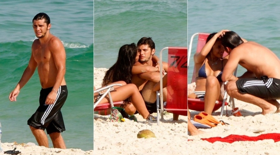 19.fev.2013 - Bruno Gissoni e Yanna Lavigne, a Tamar de "Salve Jorge", trocaram beijos na praia da Barra da Tijuca, zona oeste do Rio