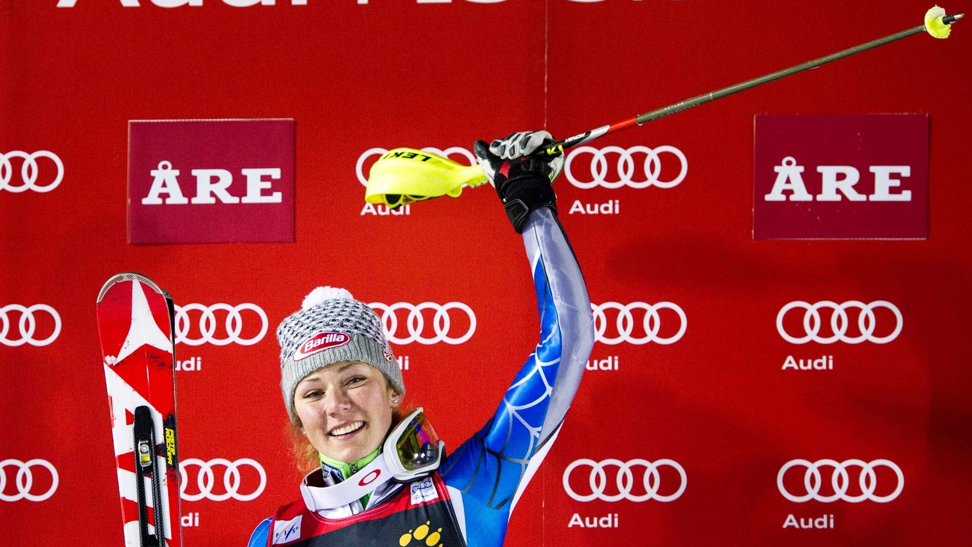 20.dez.2012 - Americana Mikaela Shiffrin comemora vitória na Copa do Mundo de esqui, na Suécia - Pontus Lundahl/Scanpix/Reuters