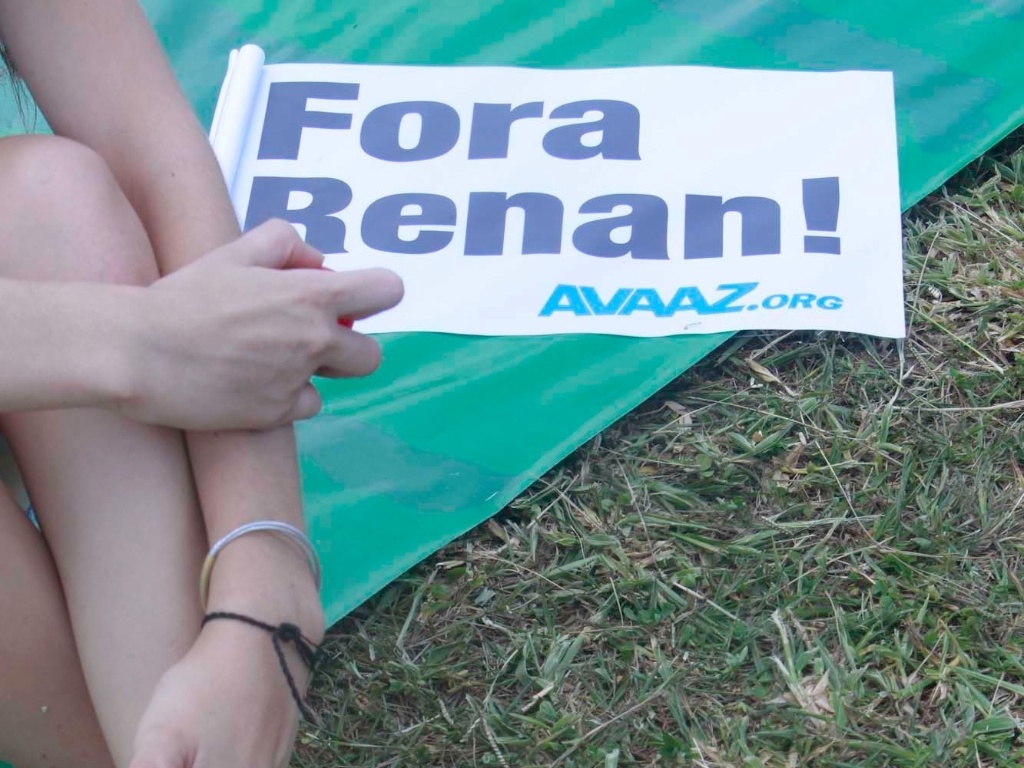 20.fev.2013 - Manifestantes protestam contra a eleição do senador Renan Calheiros (PMDB-AL) para a presidência do Senado. Uma bandeira gigante foi estendida em frente ao Congresso Nacional, em Brasília, simbolizando as cerca de 1,6 milhão de assinaturas contrárias à posse de Calheiros na presidência do Senado - Bruno Spada/Tripé Fotografia/UOL