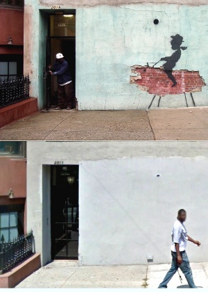 Mural suspeito de ser coisa de Banksy, antes e depois - Reprodução/The Smoking Gun