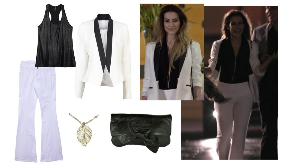 A combinação das cores preto e branco é a favorita da personagem. O blazer claro com lapela escura esteve em alta nas últimas temporadas de moda, é muito usado por Bianca (Cleo Pires) e não é uma tarefa difícil de encontrá-los em diferentes lojas. É possível usá-lo com calça branca ou preta - Divulgação e Reprodução TV Globo