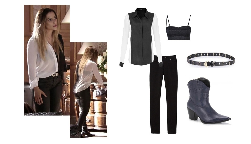 Inspire-se no estilo da personagem e aposte em uma camisa bicolor usada com calça básica. A combinação de preto com branco é a mais vista nos looks de Bianca (Cleo Pires). Tanto o modelo desta camisa, quanto o top usado por baixo, já estiveram presentes na lista de roupas mais pedidas na Central de Atendimento ao Telespectador da Globo. Preços pesquisados em fevereiro de 2013 e sujeitos a alterações - Reprodução TV Globo e Divulgação