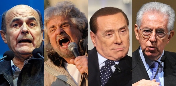 Pier Luigi Bersani, Beppe Grillo, Silvio Berlusconi e Mario Monti: quem vence? - Arte UOL/Reuters