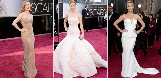 As atrizes Jessica Chastain, Jennifer Lawrence e Charlize Theron estão na lista de mais bem vestidas do Oscar segundo o estilista de moda festa Arthur Caliman - Getty Images