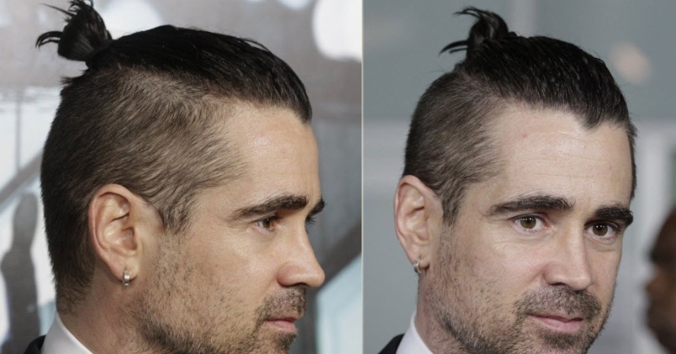 27.fev.2013 - O ator Colin Farrell apareceu com um corte de cabelo de samurai na pré-estreia de "Dead Man Down" em cinema de Hollywood