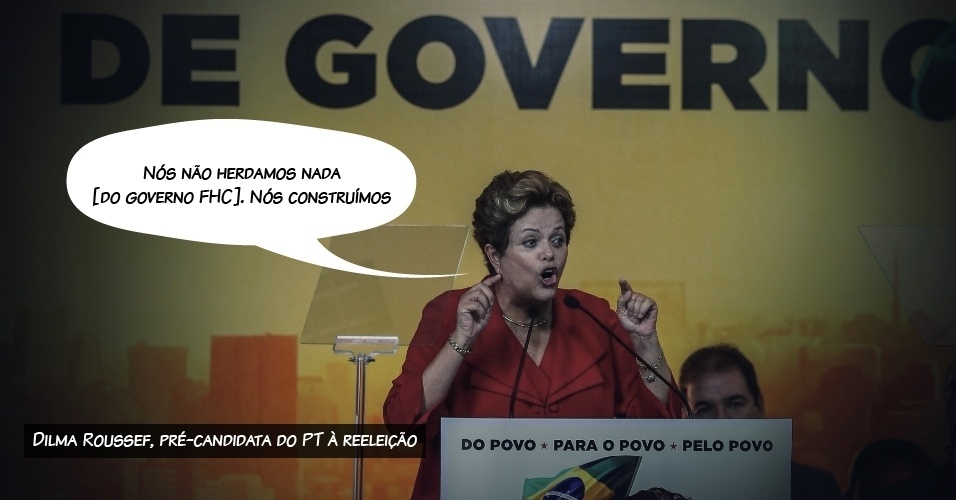 20.fev.2013 - "Nós não herdamos nada [do governo FHC]. Nós construímos", disse a presidente Dilma Rousseff, virtual candidata do PT à reeleição em discurso durante um ato de comemoração dos 33 anos do partido. A frase foi resposta à afirmação do senador Aécio Neves (PSDB-MG), senador e potencial candidato do partido à presidência, de que o PT está "exaurindo a herança bendita" que recebeu de Fernando Henrique Cardoso - Willian Volcov/Brazil Photo Press/Estadão Conteúdo/Arte/UOL